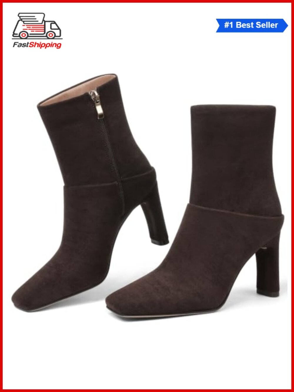 Women Square Toe Ankle Booties Side Zip High Heel Boots